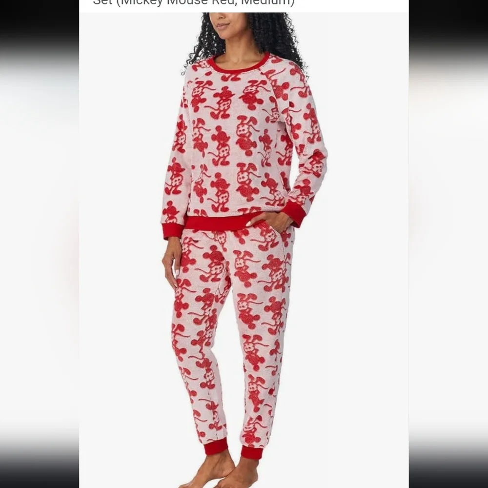 Disney Women's 2 Piece Red and White Mickey Mouse Pajama Jogger Lounge Set - Picture 2 of 12